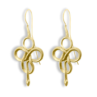 Pair of snake Viking Nordic tribal gold plated drop dangle earrings showing coiled serpent design.