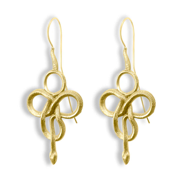 Pair of snake Viking Nordic tribal gold plated drop dangle earrings showing coiled serpent design.
