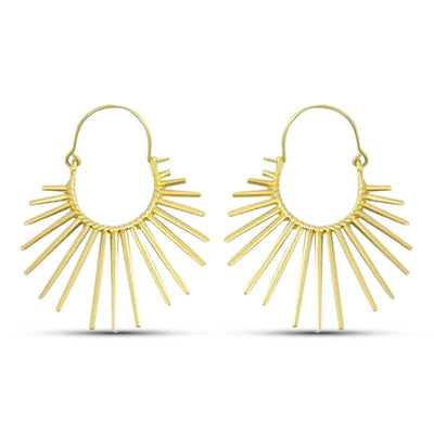 Pair of Sunburst Art Deco Gold Drop Statement Earrings featuring bold geometric style.