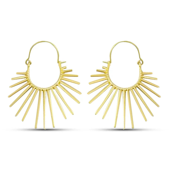 Pair of Sunburst Art Deco Gold Drop Statement Earrings featuring bold geometric style.