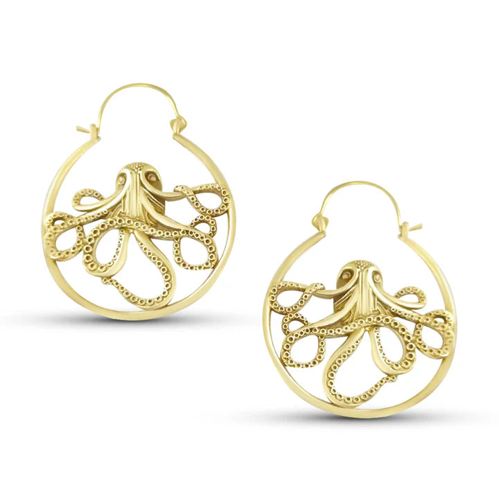 Pair of gold octopus drop earrings captured from an angled view for depth and shine.