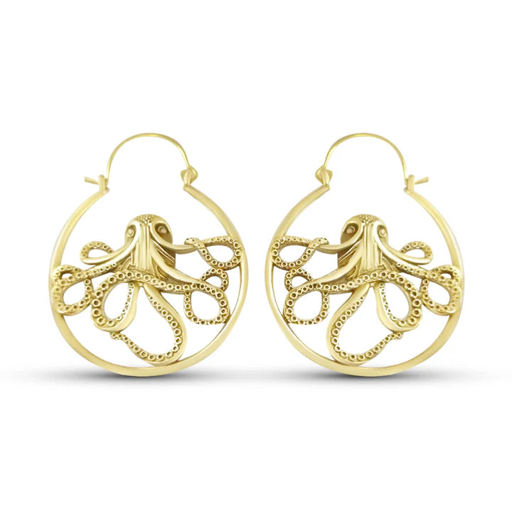 Pair of The Kraken Ocean Octopus Gold Plated Drop Earrings showcasing intricate sea creature details.