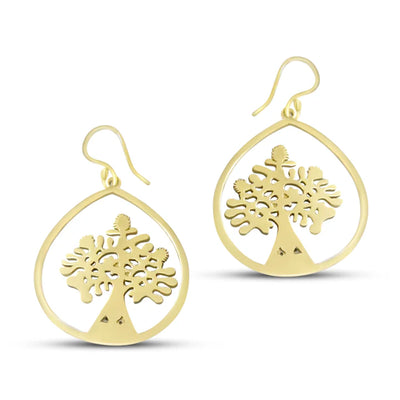 Pair of Tree Of Life Gold Metal Drop Earrings symbolizing growth and harmony.
