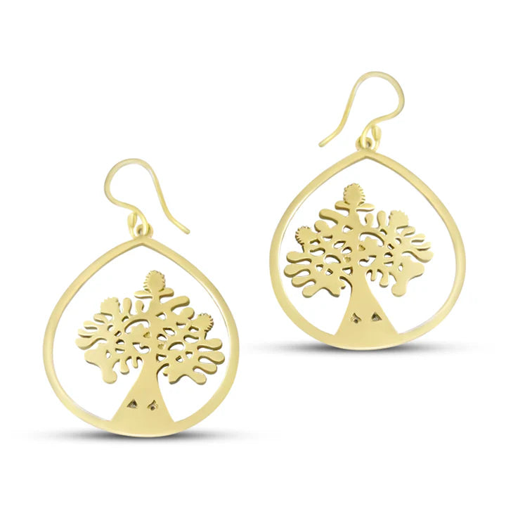Pair of Tree Of Life Gold Metal Drop Earrings symbolizing growth and harmony.