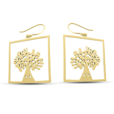 Pair of tree of life square gold dangling earrings showcasing intricate tree detailing.