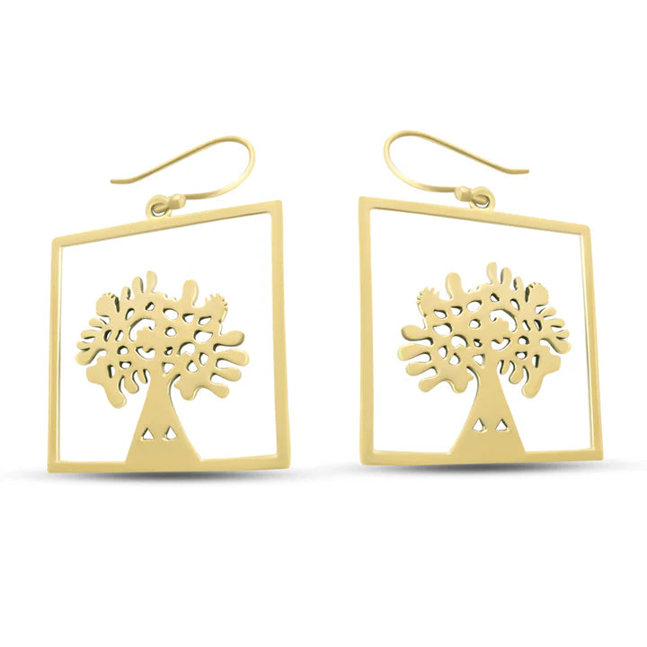 Pair of tree of life square gold dangling earrings showcasing intricate tree detailing.