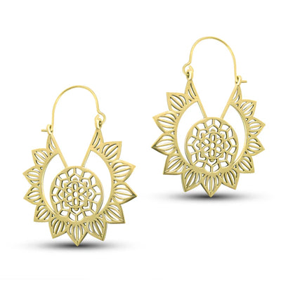Pair of tribal flower openwork gold plated hoop earrings showing handcrafted circular design.