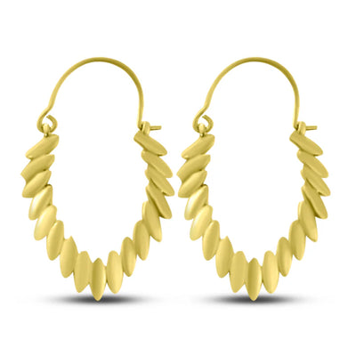 Pair of gold-plated tribal leaf hoop earrings displayed on white background.
