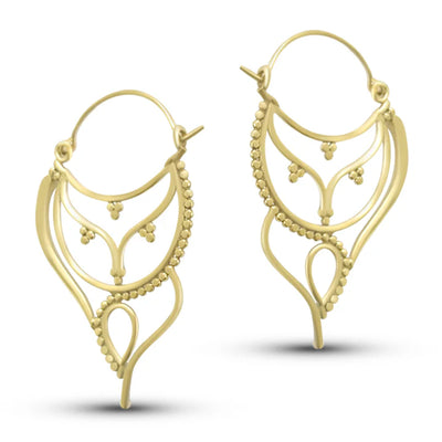 Side view of handcrafted gold plated asymmetrical hoops earrings showing intricate antique detailing.