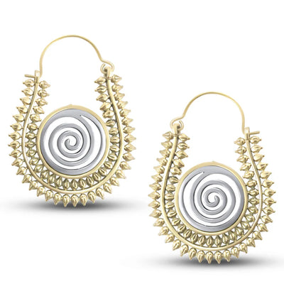 Pair of Warli design spiral handcrafted hoop earrings with dual tone finish.
