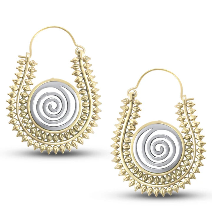 Pair of Warli design spiral handcrafted hoop earrings with dual tone finish.