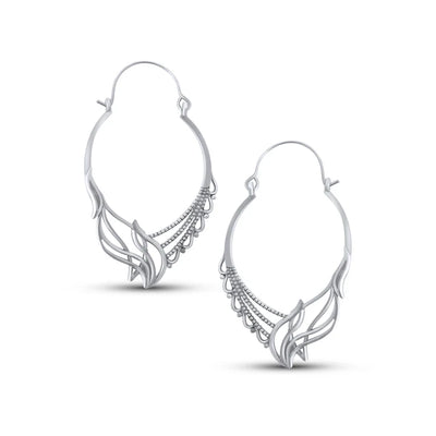 Pair of geometric hoop earrings with wave-inspired detailing and caviar beaded texture.