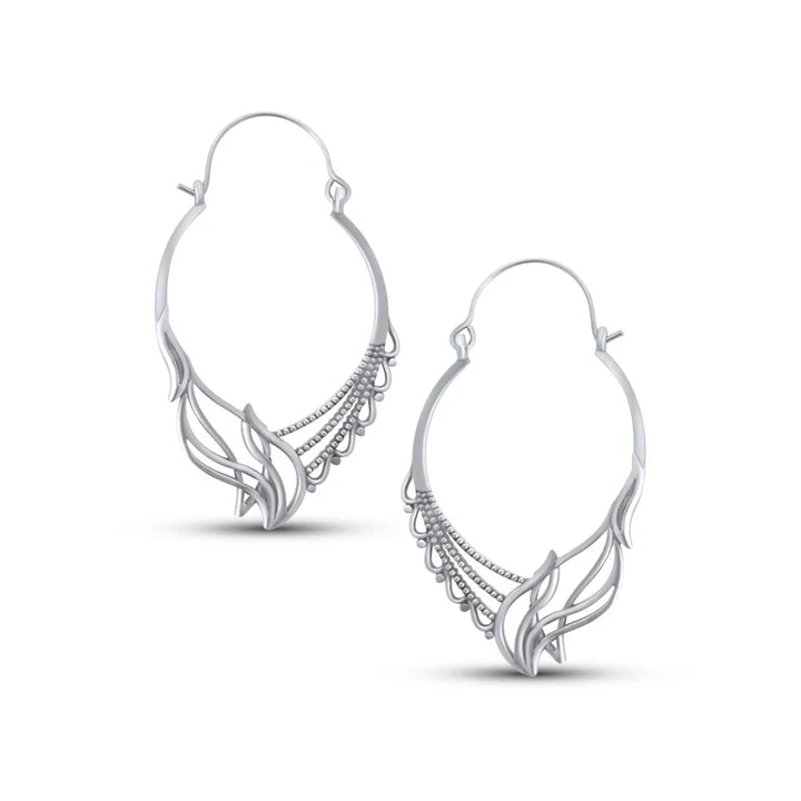 Pair of geometric hoop earrings with wave-inspired detailing and caviar beaded texture.