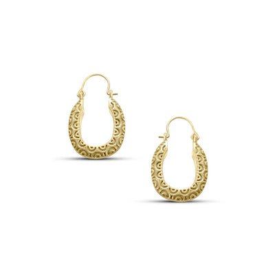 Pair of weave texture design gold plated oval hoop earrings showing handcrafted pattern.