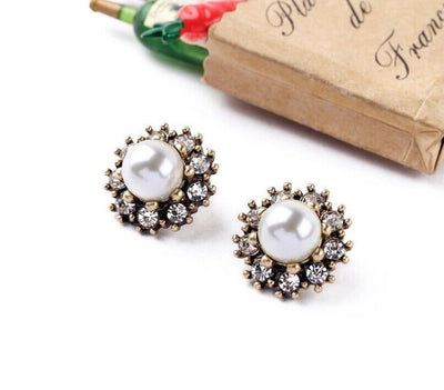 Vintage Pearl Cluster Stud Earrings with sparkling diamond accents on gift box.