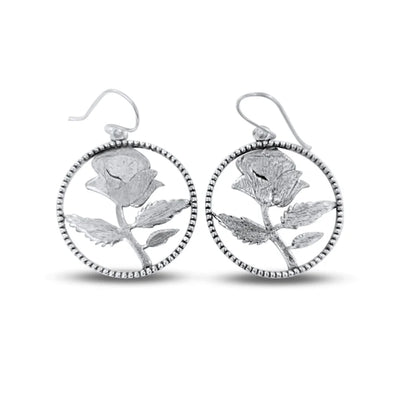 Front view of rose blossom beaded silver plated dangle drop earrings with elegant floral design.