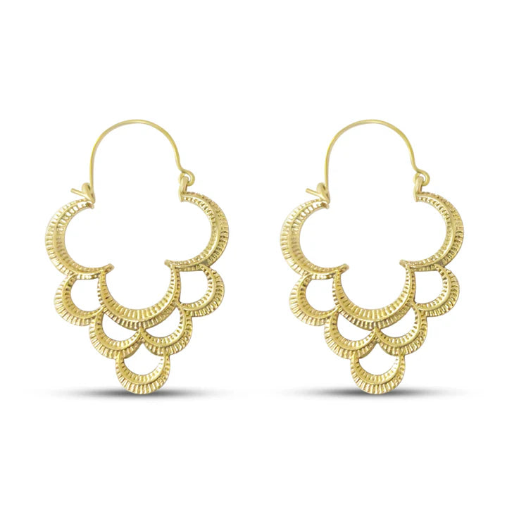 Front view of Rustic Gold Clover Handmade Hoop Earrings with elegant layered pattern.