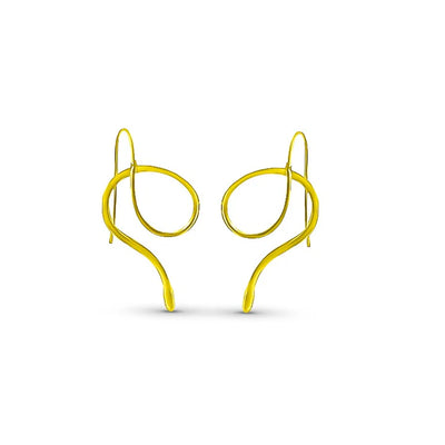 Gold snake-inspired drop earrings displayed on natural background, minimalist modern design.