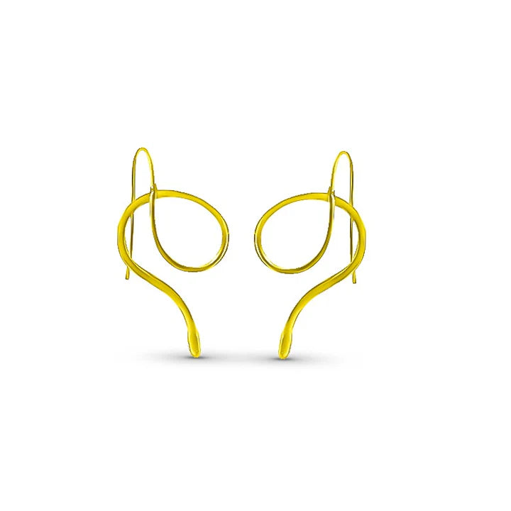 Gold snake-inspired drop earrings displayed on natural background, minimalist modern design.