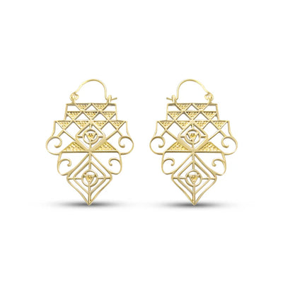 Front view of Shree Yantra gold plated geometric earrings inspired by sacred patterns.