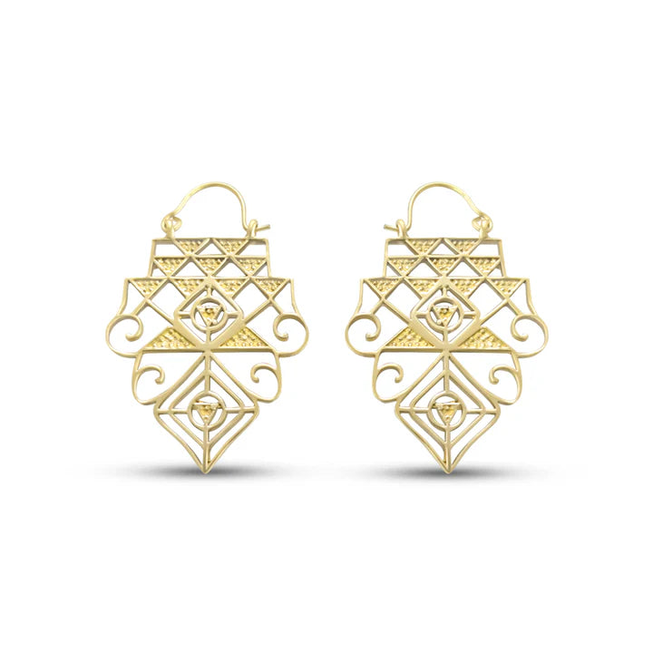 Front view of Shree Yantra gold plated geometric earrings inspired by sacred patterns.