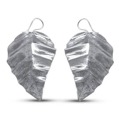 Front view of silver guava leaf drop earrings with textured detailing and organic leaf shape.