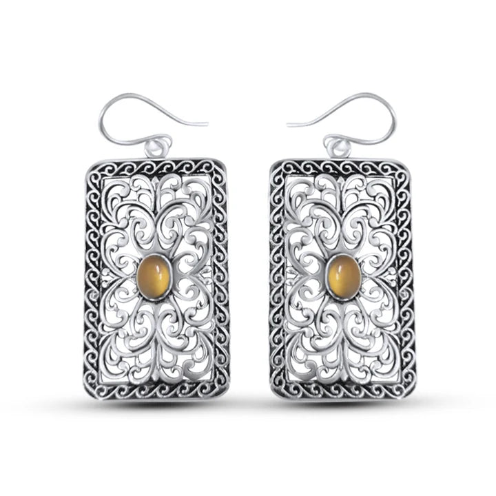 Front view of Silver Plated Rectangle Filigree Citrine Yellow Crystal Hook Earrings with intricate floral detailing.