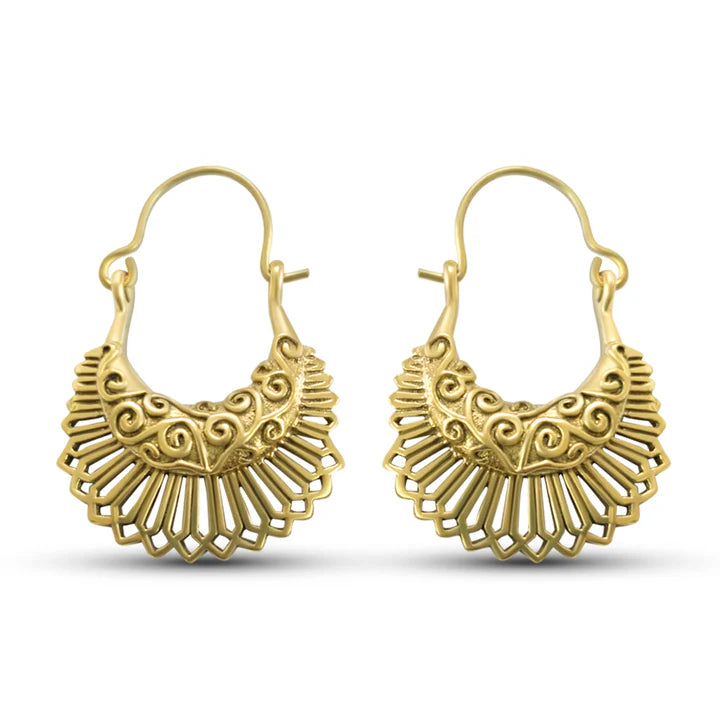 Front view of small gold flower bali hoops featuring intricate floral and swirl design.