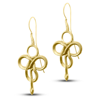 Front view of snake Viking Nordic tribal gold plated drop dangle earrings with detailed scales.