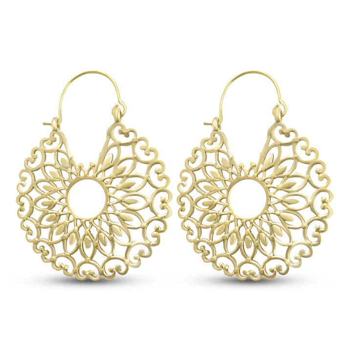 Front view of Sunflower Abstract Geometric Golden Drop Earrings with intricate cutout design.
