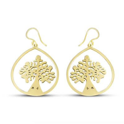 Front view of Tree Of Life Gold Metal Drop Earrings with intricate cut-out design.