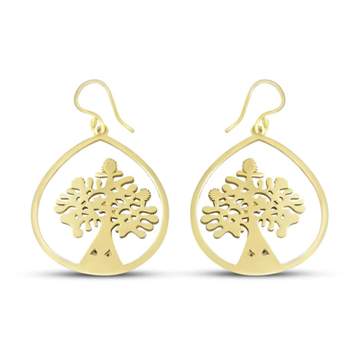 Front view of Tree Of Life Gold Metal Drop Earrings with intricate cut-out design.