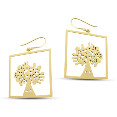 Detailed close-up of tree of life square gold fish hook earrings with openwork design.