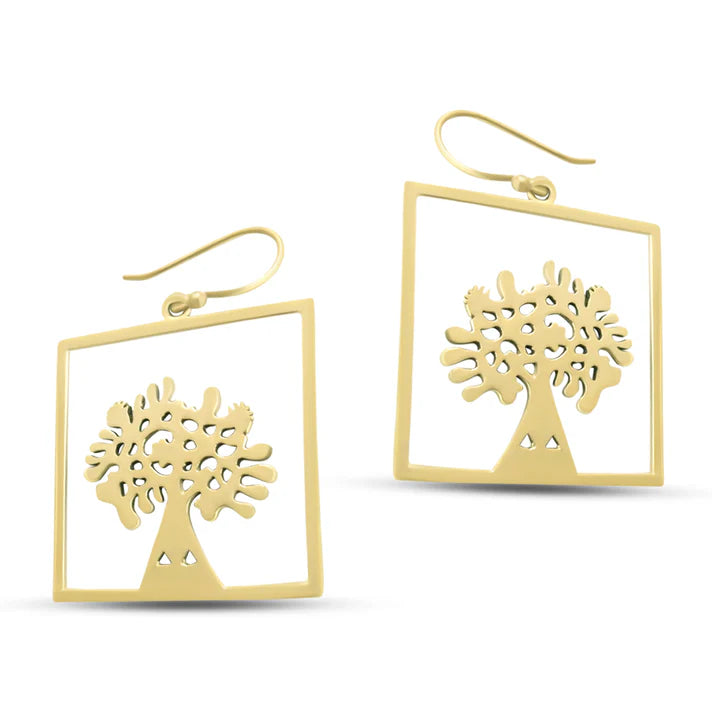 Detailed close-up of tree of life square gold fish hook earrings with openwork design.