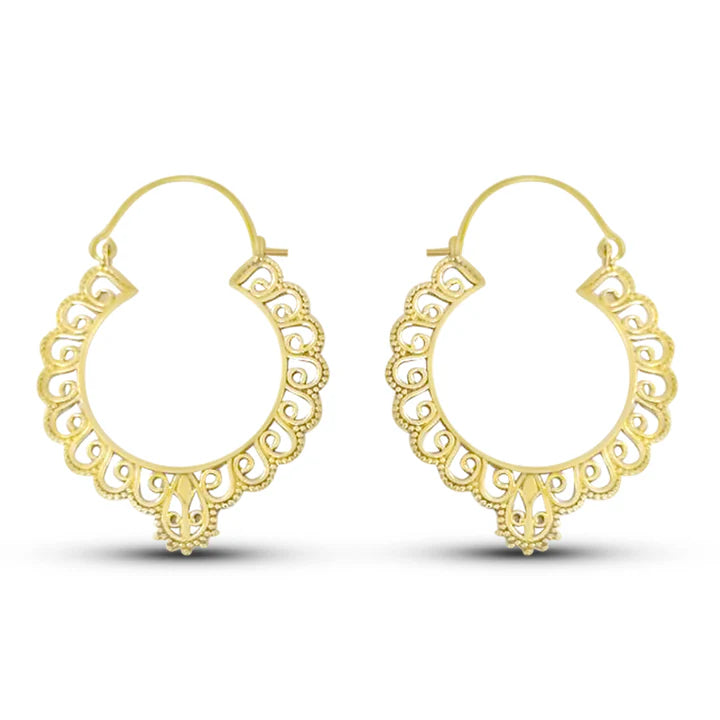 Front view of Tribal Flower Gold Plated Round Gypsy Hoops with floral details.