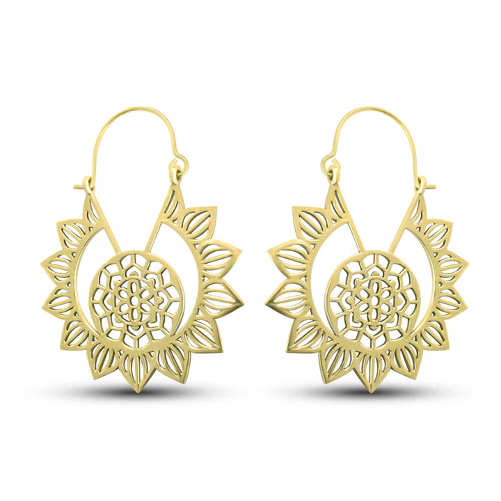Front view of tribal flower openwork gold plated hoop earrings with intricate petal detailing.