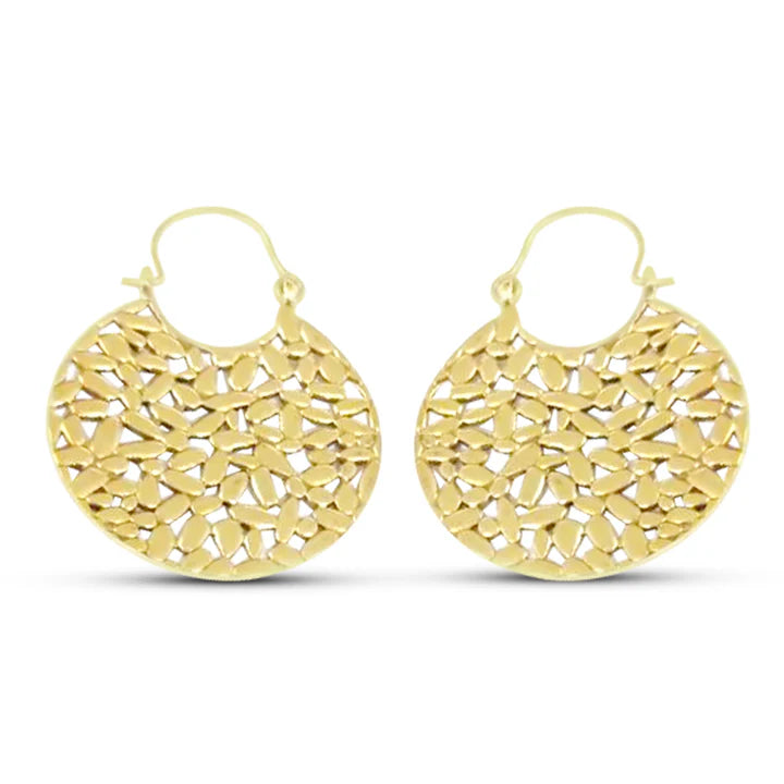 Front view of Tribal Hammered Bohemian Filigree Earrings with round cut-out design.
