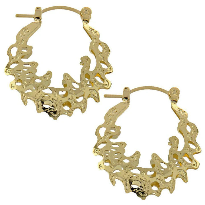 Front view of Tribal Leaf Hammered Gold Plated Hoop Earrings featuring intricate cutout leaf pattern and polished tribal texture.