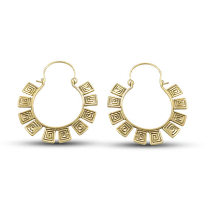 Front view of Tribal Square gold metal hoop earrings featuring geometric handcrafted detailing.