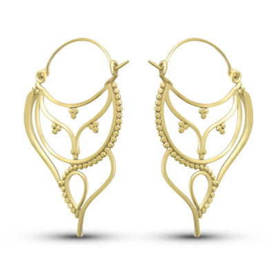 Front view of vintage asymmetrical antique design gold plated hoops earrings with elegant curves.