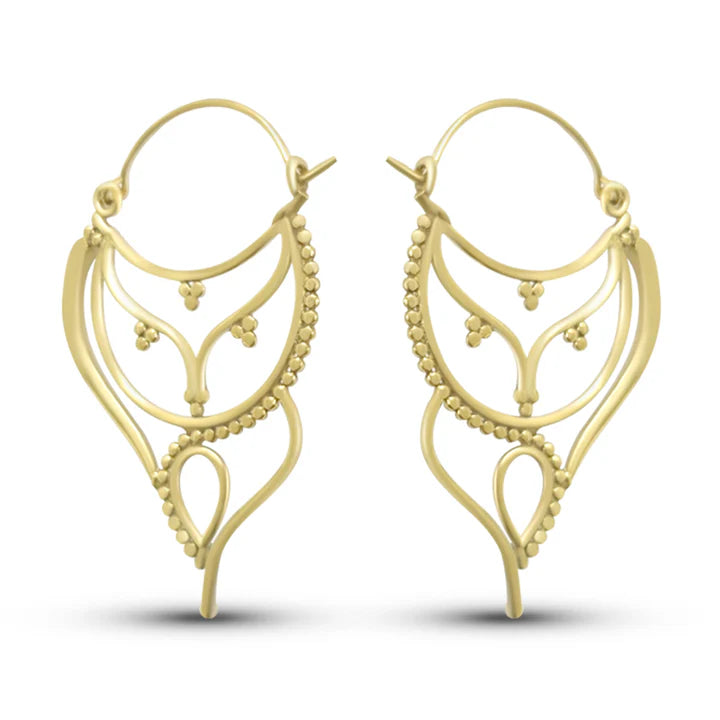 Front view of vintage asymmetrical antique design gold plated hoops earrings with elegant curves.