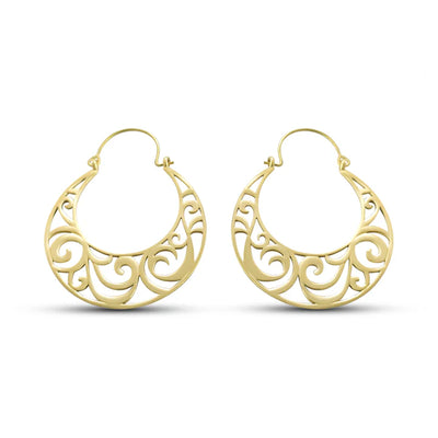 Gold version of vintage curvy hoop boho earrings featuring swirl openwork design.