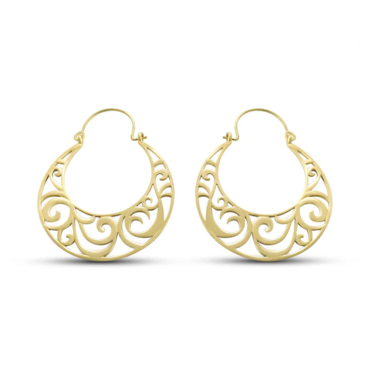 Gold version of vintage curvy hoop boho earrings featuring swirl openwork design.