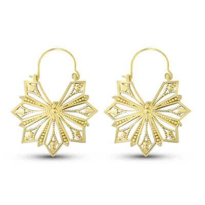 Front view of Vintage Geometric Beaded Flower Drop Hoop Earrings in gold tone.