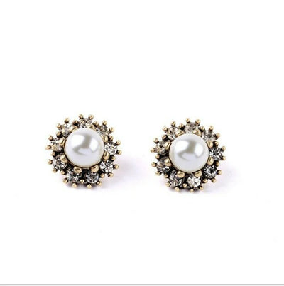 Front view of elegant Pearl and Diamond Cluster Stud Earrings.