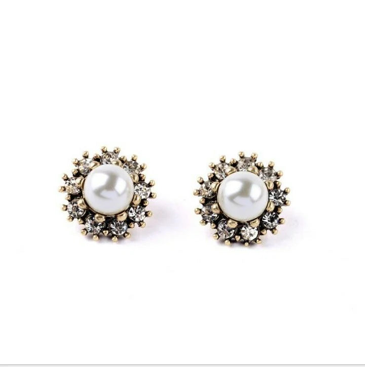 Front view of elegant Pearl and Diamond Cluster Stud Earrings.