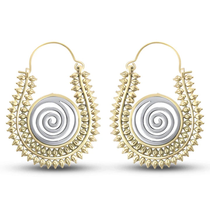 Front view of Warli design gold and silver tone handcrafted spiral hoop earrings.
