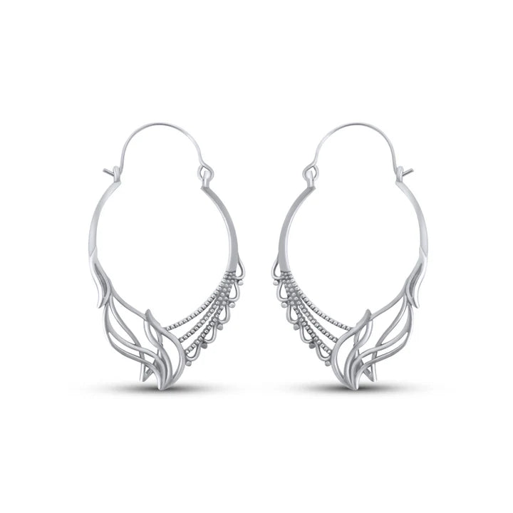 Front view of wave caviar geometric hoop earrings with modern silver finish design.