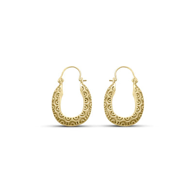 Front view of weave texture design gold plated oval shape hoop earrings with intricate swirl detailing.