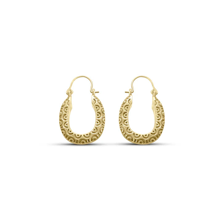 Front view of weave texture design gold plated oval shape hoop earrings with intricate swirl detailing.
